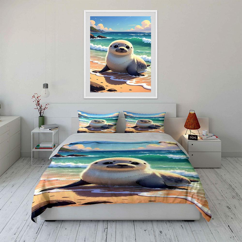 Cute seal on beach. Bedding sets Duvet cover sets Duvet covers Pillowcases(1 * Duvet Cover 2 * Pillowcases, without duvet insert)
