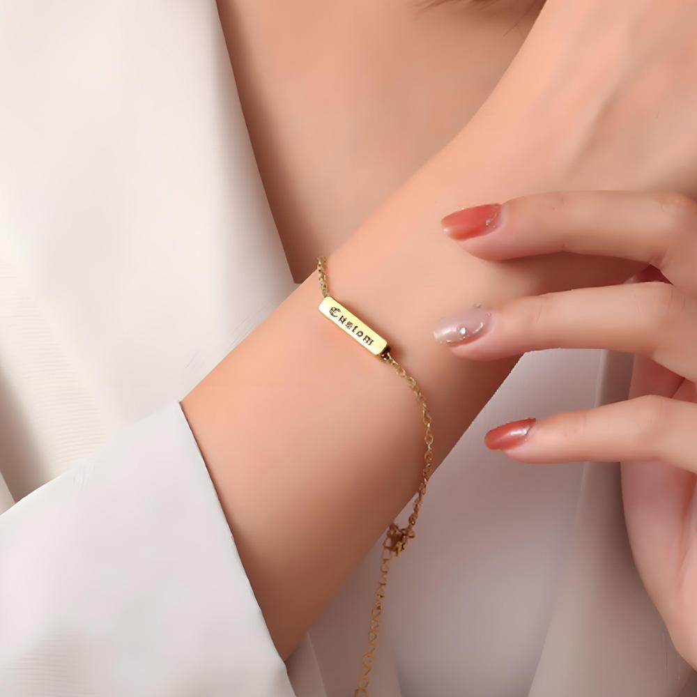 Atoztide Engrave Name Square Bar Bracelet For Men Women Personalized Stainless Steel Jewelry Adjustable Link Chain Family Gift