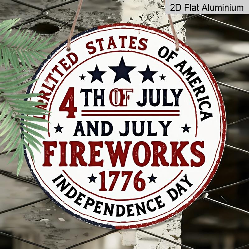 2D Flat, 1pc Round Aluminum Hanging Sign, Vintage 4th of July Metal Wall Art, USA Independence Day Fireworks Design, Perfect for Front Door, Porch
