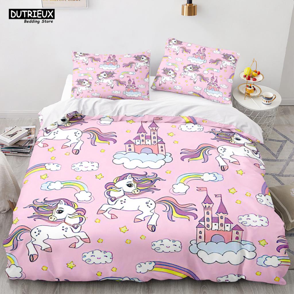 Мультяшный Радужный Единорог Комплект Постельного Белья Наборы Единорога Односпальный Двуспальный Размер Квин Твин Полный Размер Пододеяльник Детский Девочки Детский Мягкий Пододеяльник