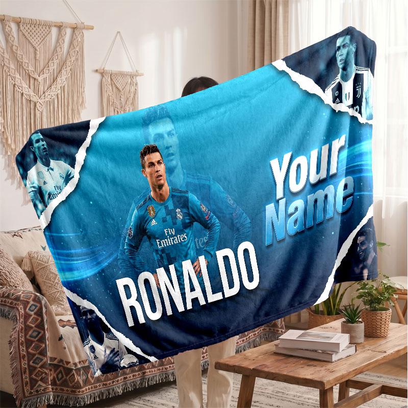 Cristiano Ronaldo Personalized Fleece Blanket With Football Logo, Custom Name Text Soft Warm Home Throw Blanket