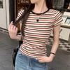 Summer Fashion Colorful Stripes Women O-Neck T-Shirts Harajuku Cotton Short Sleeve Casual Slim Tees Clothes Female Crop Top