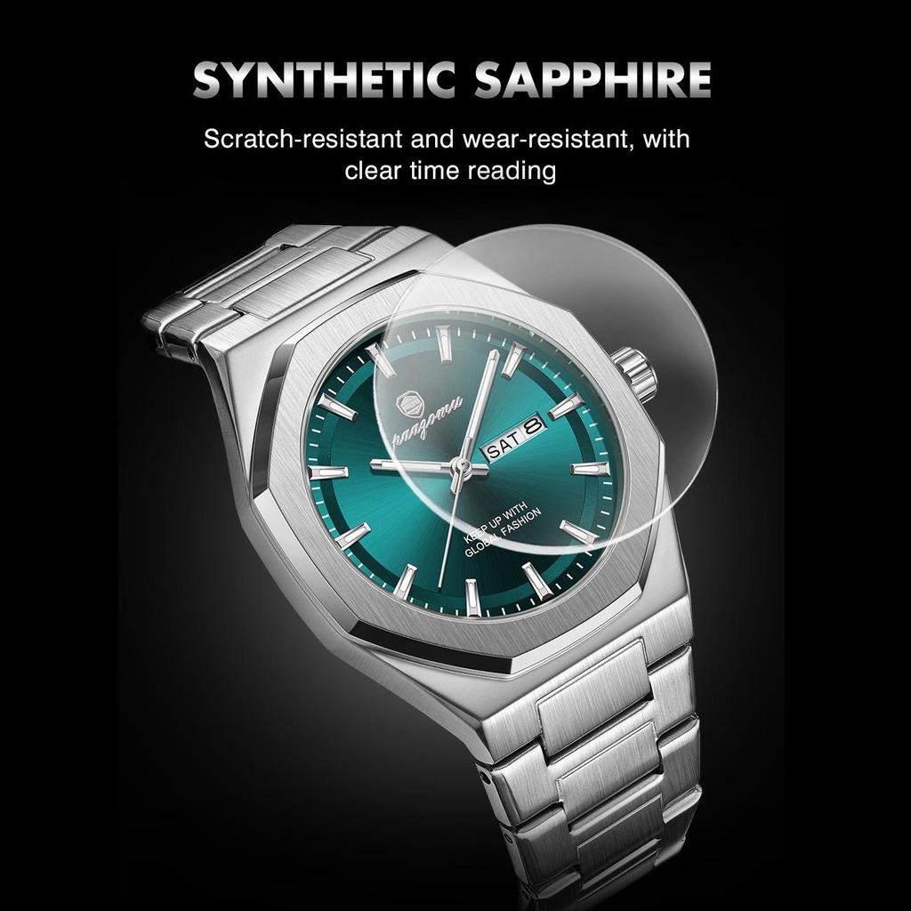 Mens Luxury Watches Octagonal Stainless Steel Analog Quartz Watch with Day Date, Waterproof Luminous Casual Watch