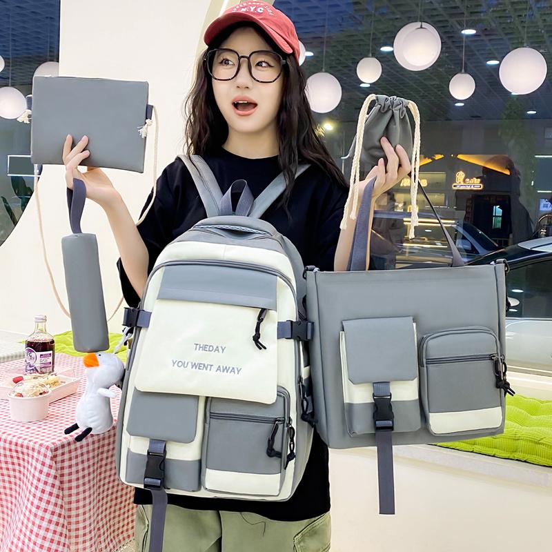 Five-Piece Backpack Set Color Block Schoolbag Women's Lightweight Backpack Large Capacity Travel Backpack for Students