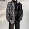 Autumn Spring Men Lapel Long Sleeve Blazer One Button Patchwork Plaid Suit Coats