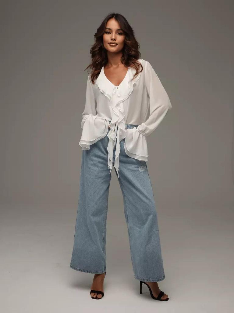 Весенняя блузка с V-образным вырезом и оборками, с длинным рукавом - Женская мода в европейском и американском стиле