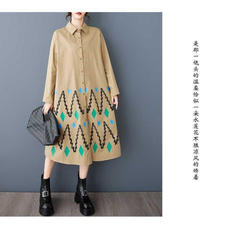 Свободные платья большого размера с принтом и сращиванием повседневные простые милые платья с длинным рукавом