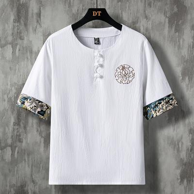 Футболка мужская из хлопка и льна с короткими рукавами и пряжкой в стиле Тан, мужская футболка Hanfu