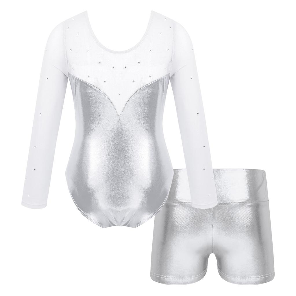 Девочки Металлический Купальник Длинный Рукав Дизайн Пэчворк из Страз Шорты с Высокой Посадкой Комплект для Выступлений