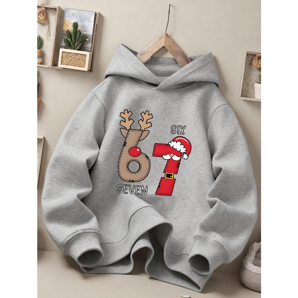 Christmas Reindeer Santa Claus Number 67 Cartoon Print Children's Hoodie Black Holiday Style Boys and Girls Casual Top