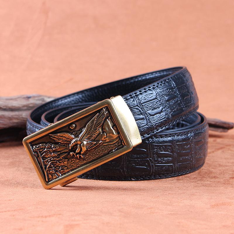 Men's Leather Belt with Automatic Buckle, Genuine Leather, Bronze Buckle, Faucet for Middle-aged and Young Business Casual Pants