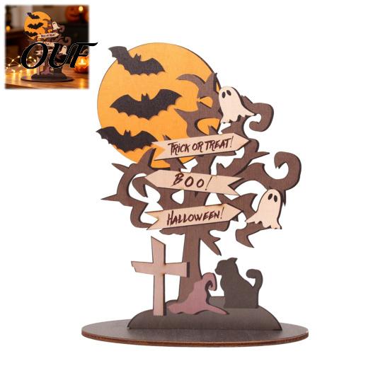 Wooden Ghost Ornaments Halloween Moon Bat And Dead Tree Tabletop Ornament, Decorative Figurines Table Centerpiece for Home Desktop Holiday Party