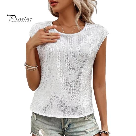 Женская футболка с круглым вырезом без рукавов свободного кроя футболка с блестящими пайетками повседневные футболки стандартного кроя топ повседневная одежда