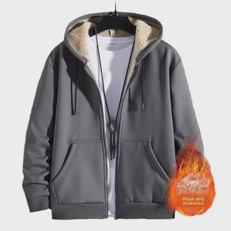 Мужской кардиган из овчины с капюшоном: Толстовка из плотного бархата, однотонная, осенне-зимний молодежный стиль