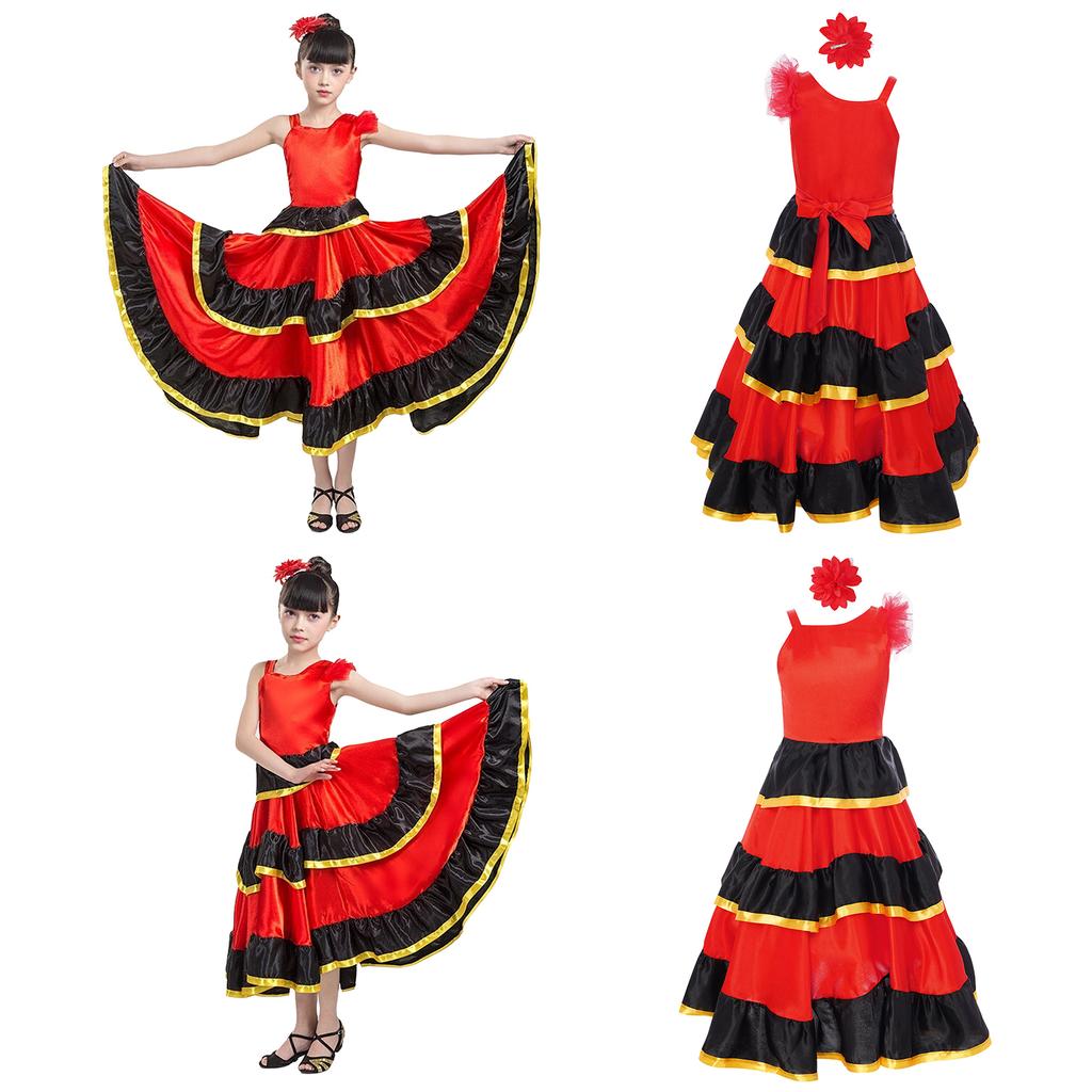 Girls Color Block Dance Dress Asymmetrical Shoulder Tiered Ruffles Wide Hem Flamenco Costume Headwear