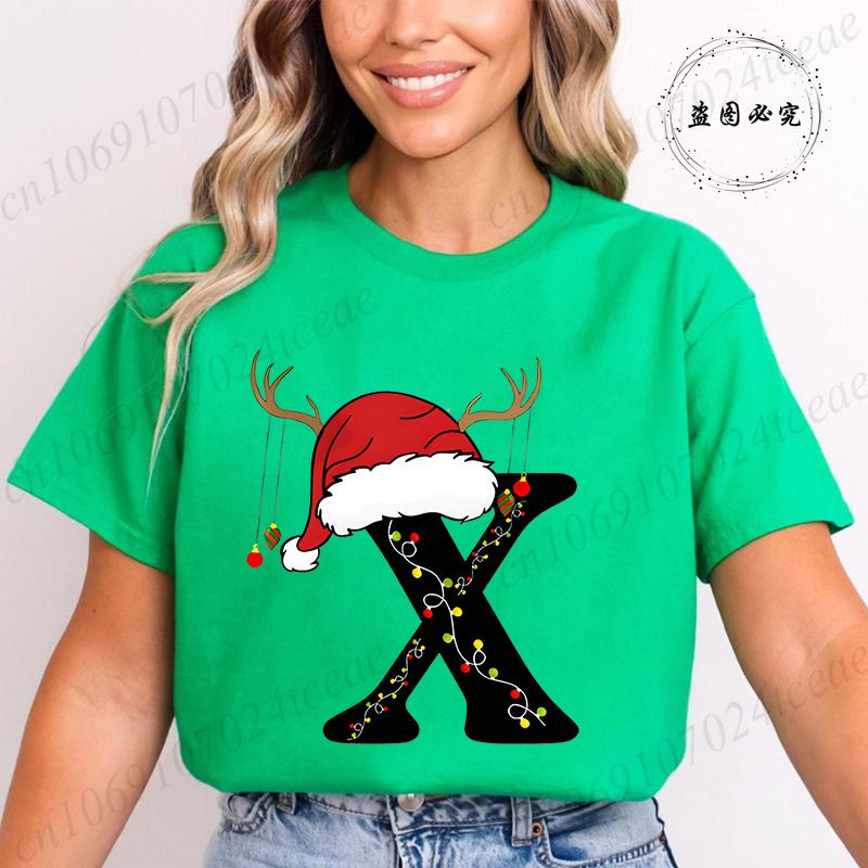 Fashion Merry Christmas Gift for Female Clothing Christmas 26 Alphabet Print TShirt for Women Casual Xmas Tees Short Sleeve Top