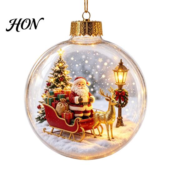 Decorative Acrylic Holiday Spheres 3D Christmas Faux Crystal Ball Ornament, Lighted Reindeer Sleigh LED Pendants Snow Scene Hanging Decor for