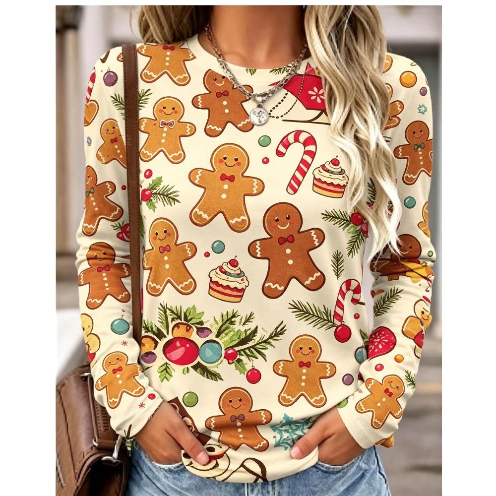 Women Long Sleeve T Shirt Christmas Candle Ornament Print Autumn Fashion Casual Holiday Party Top Women's Clothes