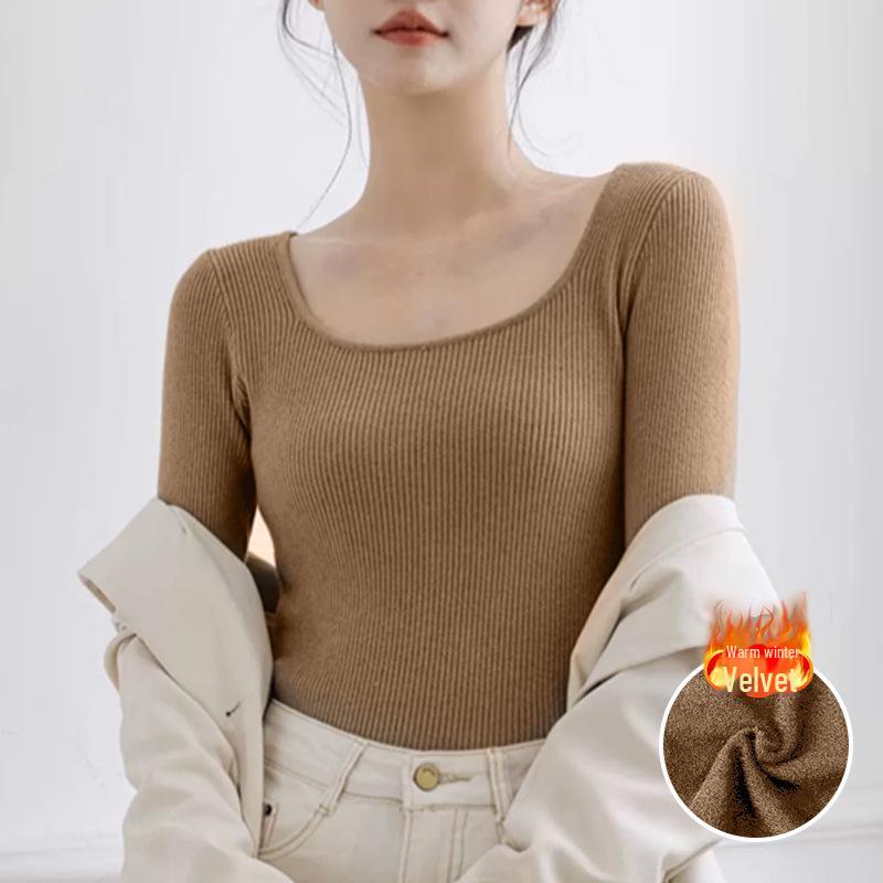 "Женский вязаный свитер с квадратным вырезом": Длинный рукав, плюс бархат, однотонный, на осень и зиму.