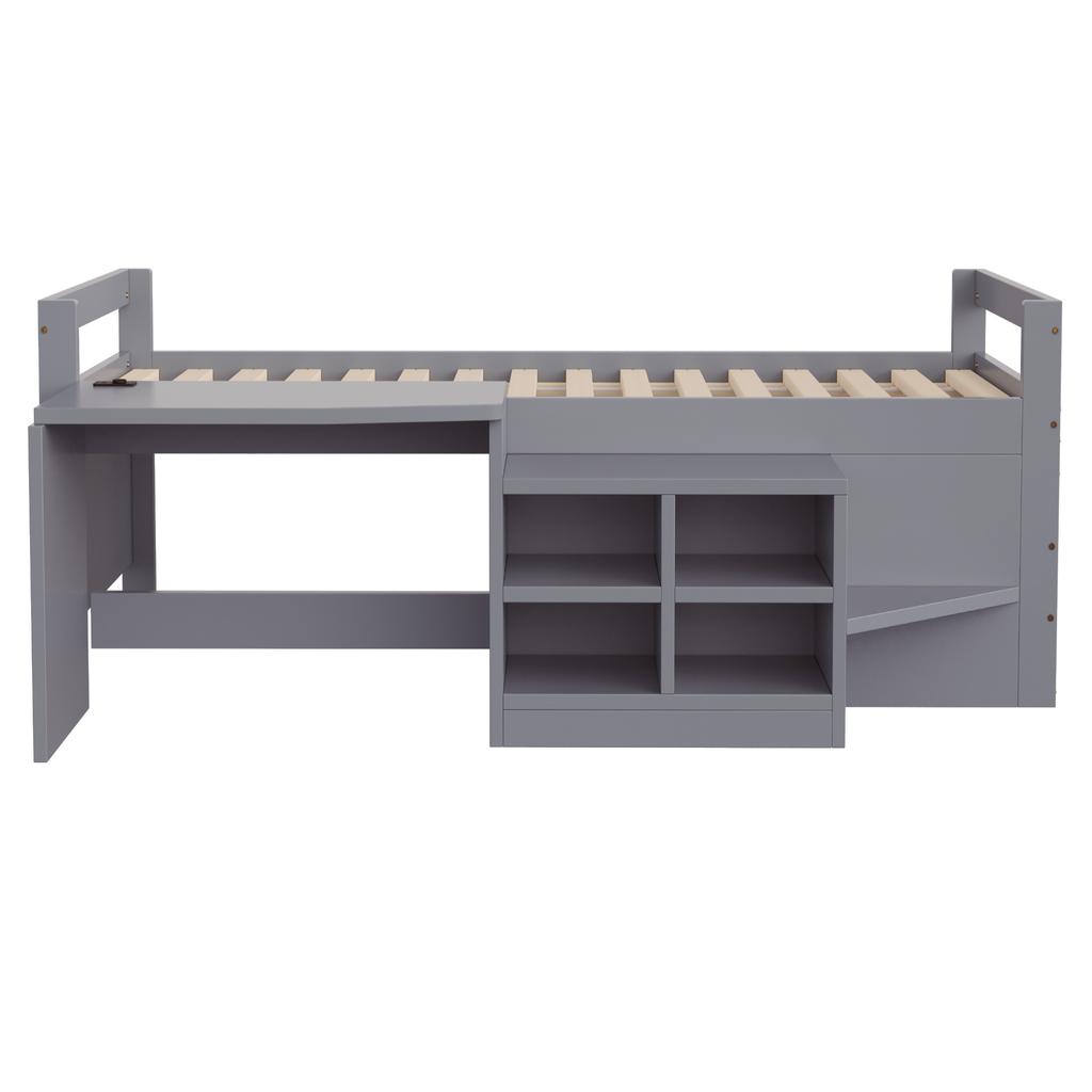 Children's Bed 90×200 cm, with Storage Compartments Desk with Sockets according to European Standard Single Bed Wooden Bed Grey