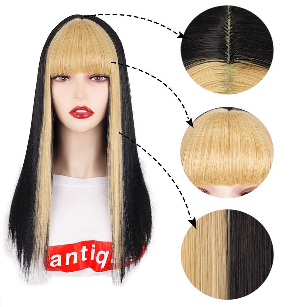 MERISIHAIR Women Straight Mixed Color Hair Wig with Bangs Black Hair with Blond Red Purple Pink Bangs Synthetic Fiber Cosplay Party Wig