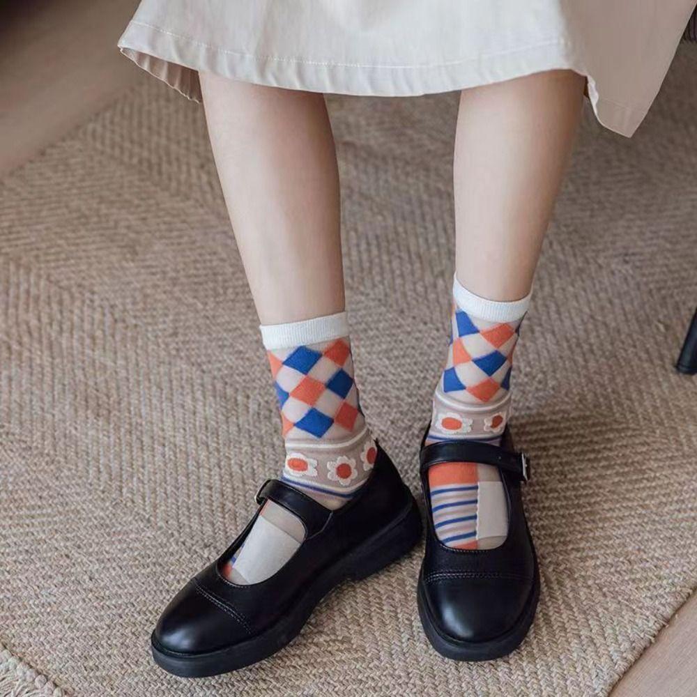 Sweet Floral Print Mid-calf Socks Ultra-Thin Crystal Silk Socks Casual Wear
