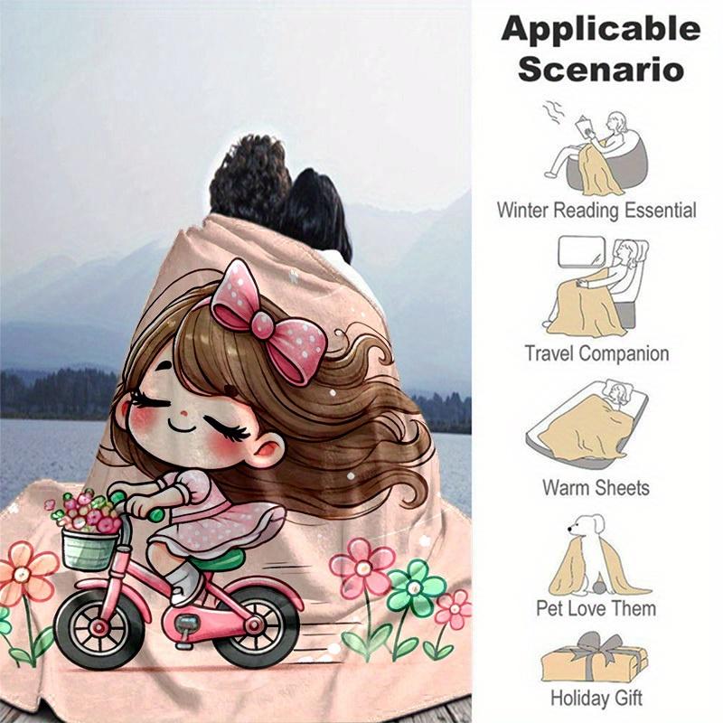1pc. Cute Cartoon Riding Bicycle with Flowers Home Office Outdoor Blanket Gift for All Seasonsz041705
