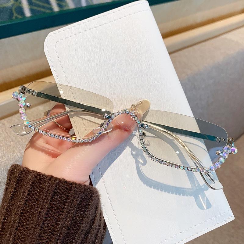 Vintage Half Rimless Sunglasses Women For Female Luxury Brand Designer Sun Glasses Punk Popular Diamond Metal Eyeglasses Uv
