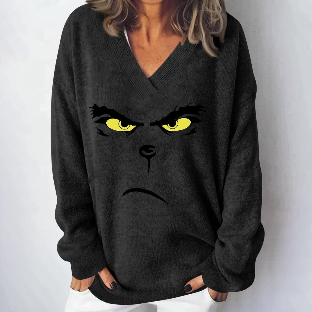 Женская мода повседневная рождественская принтованная трикотажная кофта с V-образным вырезом и длинными рукавами, модный милый свитшот