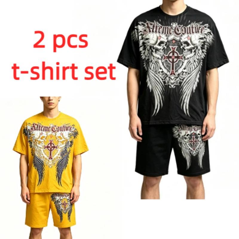 Summer Fashion Casual Retro Skull Angel Wing Printed Round Neck Short Sleeved T-Shirt And Shorts Set Men's and Women's T-shirt Shorts Set