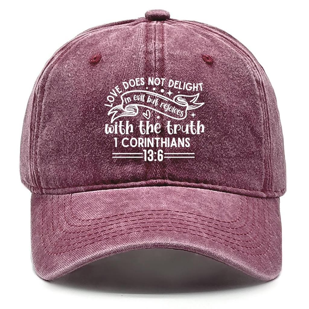 Bible Verse Print Snapback Baseball Cap, "LOVE DOES NOT DELIGHT" Dad Hat Summer Retro Vintage-Inspired Sporting Adjustable Baseball Hat