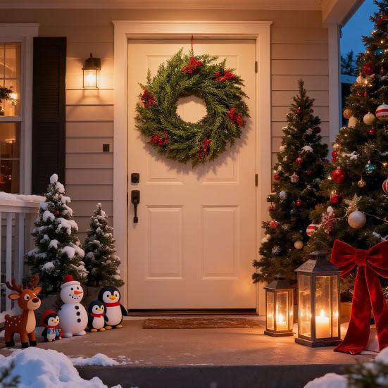 Рождественский венок из норфолкской сосны 24 дюйма для входной двери, искусственная зелень, кедровый венок с красными ягодами для фермерского дома, для внутреннего и наружного использования, для стены, окна