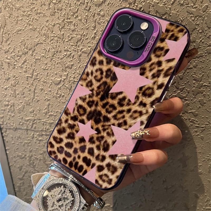 Leopard Print Star Flower Plating Hard Phone Case For IPhone 17 Air 16 15 14 13 12 11 Pro Max Plus Funda Case Cover Bumber Cover