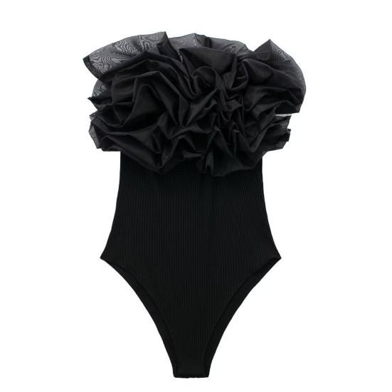 Women Off Shoulder Ribbed Knit Bodysuit Layer Flower Decor Skinny Playsuit Sleeveless Solid Color Female Playsuit