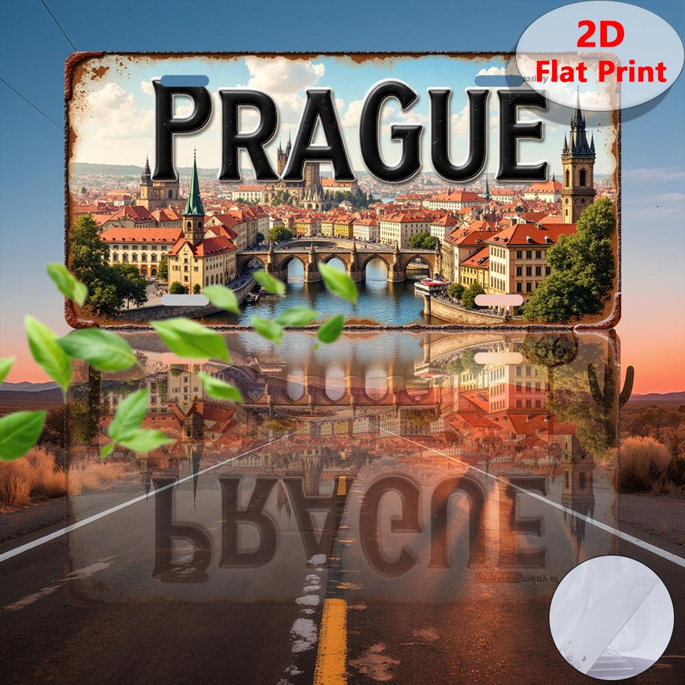 Hisun Tin Sign HD Aluminum Metal Sign Prague Vintage License Plate Style Wall Decor Retro Charles Bridge Vltava River Czech Republic Cityscap