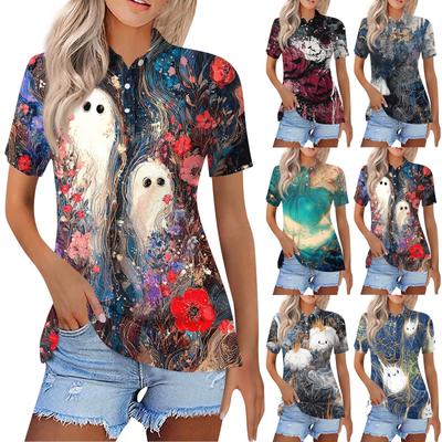 Женская модная повседневная рубашка с отворотом и коротким рукавом с принтом, женские топы на пуговицах