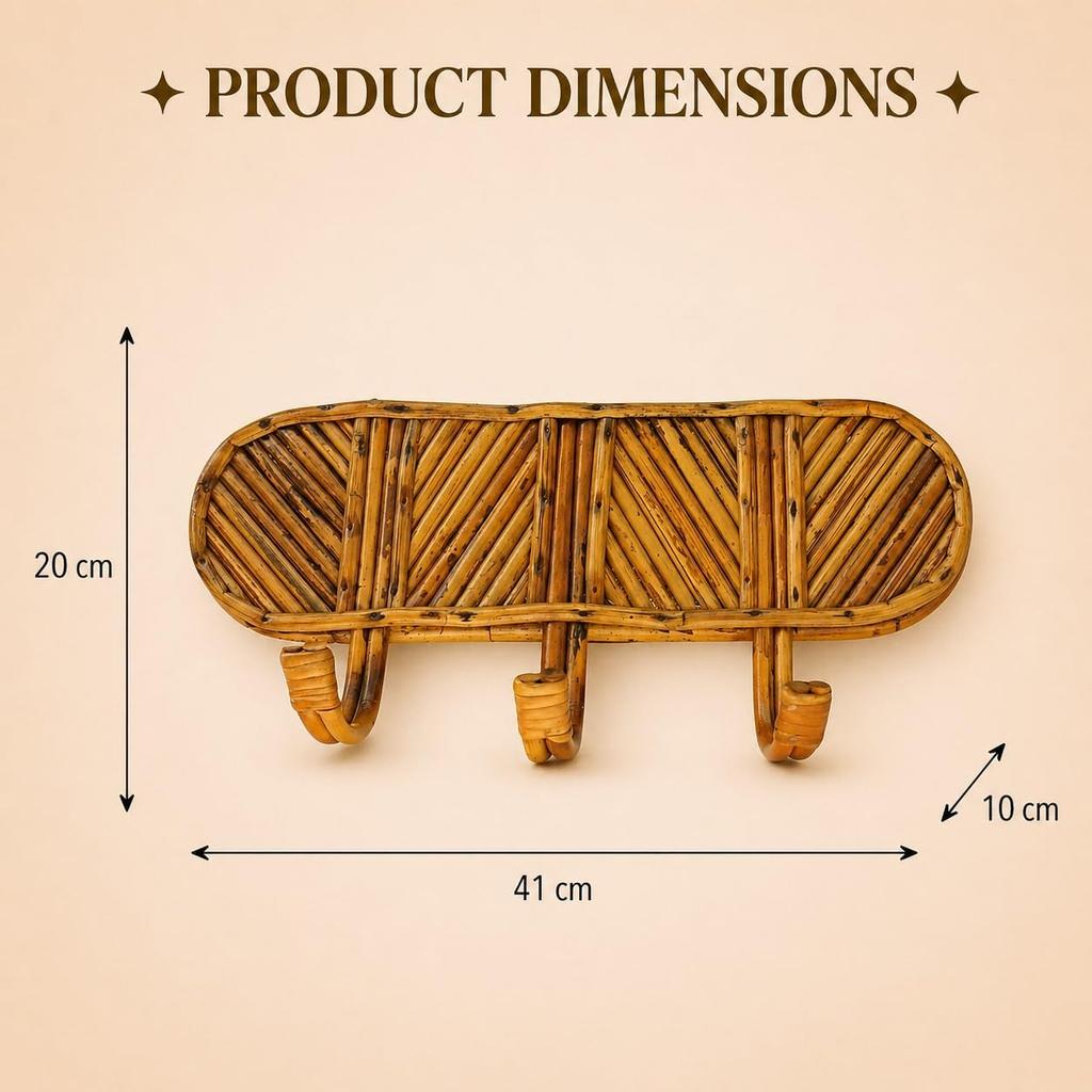 Eco Decx Handcrafted Rattan Wall Hooks, Wooden Key Holder & Coat Hanger Rack for Entryway, Bags, Towels & Home Decor 41  x  10  x  20 cm