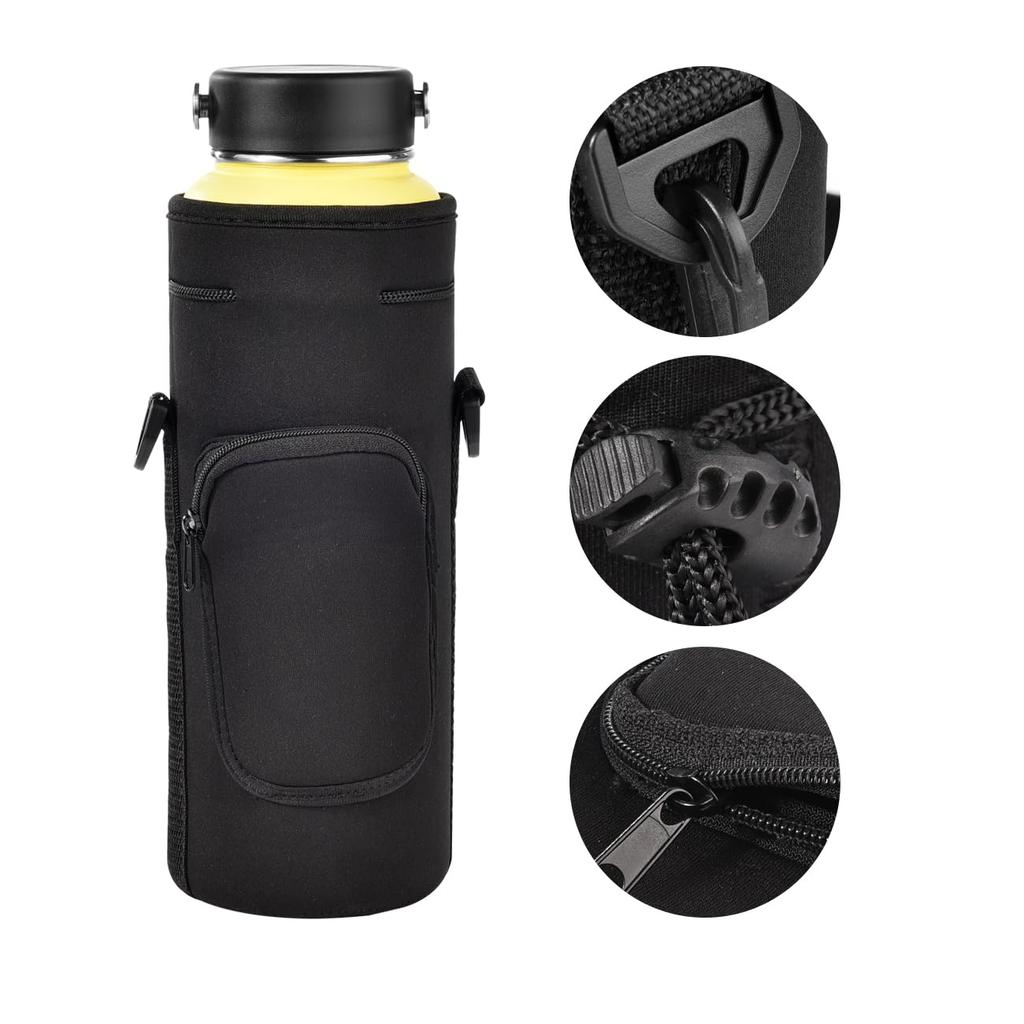 Kuymquat Water Bottle Case Keeps Bottles Cold Adjustable Shoulder Fits Bottles Up to 9cm in Black & Cover, Insulated, & Hot, 1000ml-1200ml, Neoprene,