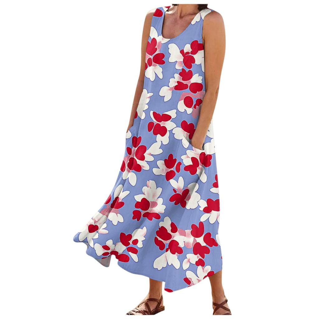 Женские модные летние повседневные платья без рукавов с цветочным принтом и маленькими карманами