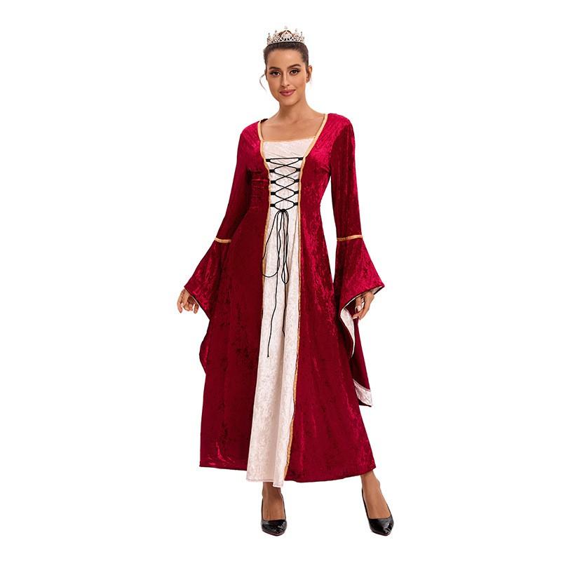 Halloween Court Velvet Lace-Up Flared Sleeve Medieval Vintage Long Dress Women