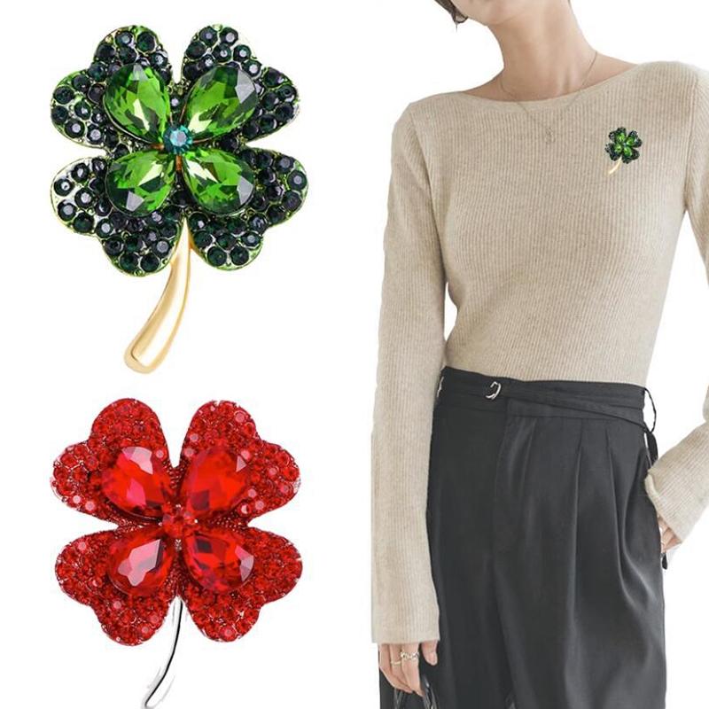 Clover Brooches For Women Green And Red Color Pin Peace And Health Plant Jewelry