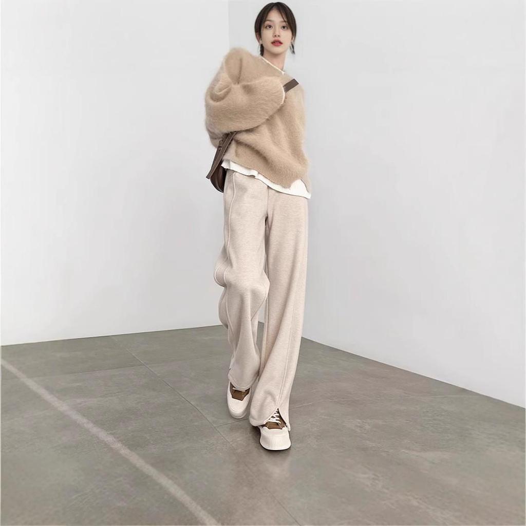 Women's Herringbone Fleece-Lined Wide-Leg Split Pants - Autumn/Winter 2025 Collection.