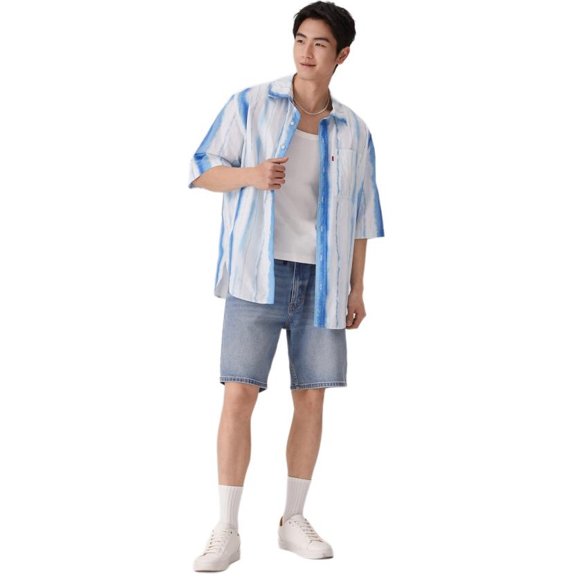 Levis Loose Versatile Comfortable Striped Polo Shirt Men Shirts Blue 002WR-0000