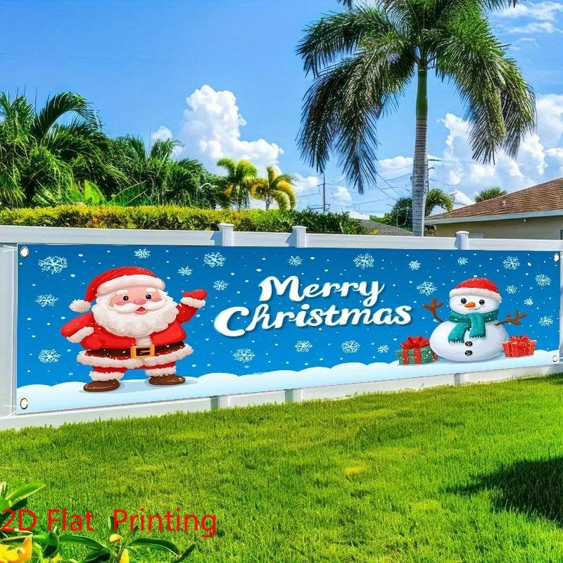 Merry Christmas Fence Banner, Santa & Snowman Snowflake Theme, Polyester Outdoor Lawn Wall Party Decoration