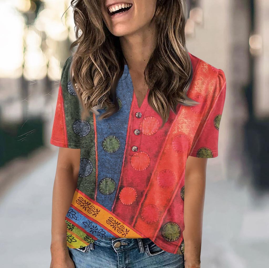 Женская модная повседневная футболка с цветными блоками и принтом в виде V-образного выреза с коротким рукавом и пуговицами