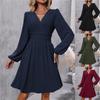 New Ladies' Jacquard V-neck Lantern-sleeved Bottoming Dress, Long-sleeved Waist, Elegant Style, Simple Casual Long Skirt