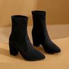 Мода 2025Черный Коричневый Флок Толстый Каблук Ботильоны Женские Зимние Туфли Красивые Элегантные Высокий Каблук Острый Носок Сохраняют Тепло Короткие Ботильоны