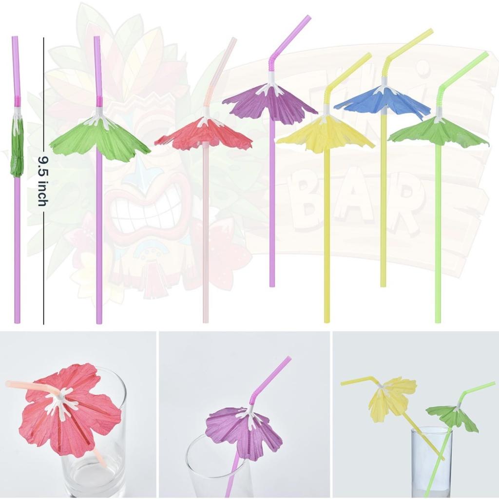 50 Pieces Umbrella Summer Beach Luau Tropical Straws for Drinks Hawaiian Cocktails Umbrella Straws Drinks Party Decorations Supply(Hibiscus)