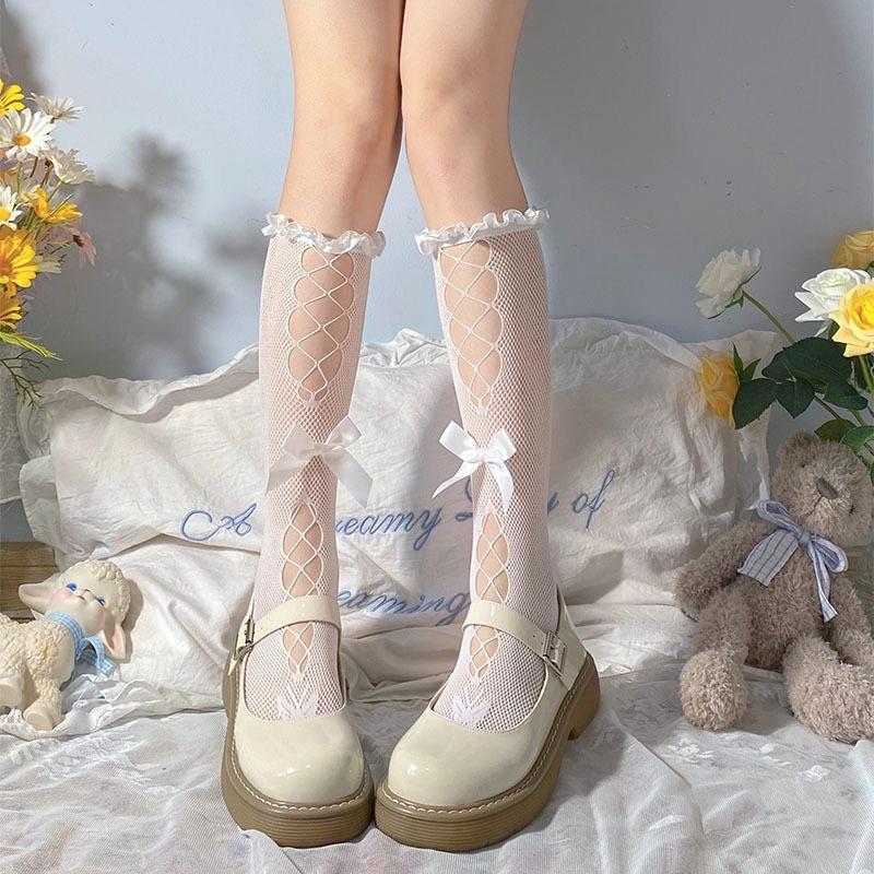 Lady Spring Summer Sweet Bondage Bow Printed Lace Cute Student Calf Socks
