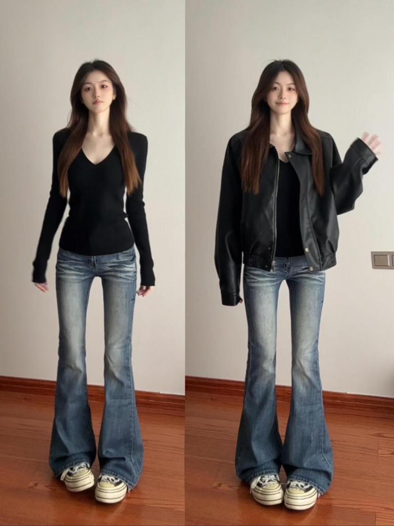 Women's Black V-Neck Slim Fit Long-Sleeve T-Shirt - Cinched Waist Korean Style for Early Autumn and Winter.